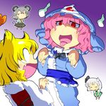  animal_ears blonde_hair blush capelet closed_eyes dress fang ghost gomi_ichigo grey_hair hairband hat highres hitodama konpaku_youmu mouse_ears mouse_tail multiple_girls nazrin open_mouth pink_hair red_eyes saigyouji_yuyuko short_hair silver_hair skirt tail tongue toramaru_shou touhou triangular_headpiece vest 