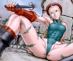  abs antenna_hair beret blonde_hair blue_eyes braid breasts cammy_white combat_knife covered_nipples fingerless_gloves gloves green_leotard hat knife leotard long_hair medium_breasts muscle scar scorpion sitting skin_tight solo spread_legs street_fighter teketeke_(tekenotteke) twin_braids weapon 