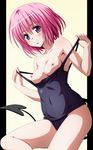  bare_shoulders breasts colorized highres medium_breasts momo_velia_deviluke nipples one-piece_swimsuit pink_hair purple_eyes school_swimsuit short_hair solo swimsuit swimsuit_pull tail to_love-ru to_love-ru_darkness toshi_(anime_coloring) undressing vector_trace yabuki_kentarou 