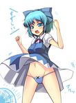  blue_eyes blue_hair blue_panties blush bow cirno dress dress_lift electric_fan fanning_crotch groin hair_bow ippongui large_bow navel open_mouth panties short_hair solo teenage touhou translated underwear wind wind_lift 