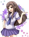  black_eyes black_hair blush hanasaku_iroha hand_on_hip highres long_hair open_mouth school_uniform serafuku solo taka-kun tsurugi_minko 