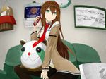  aqua_eyes bad_id bad_pixiv_id brown_hair calendar_(object) cellphone jacket long_hair makise_kurisu necktie pantyhose phone red_neckwear solo steins;gate youtike 