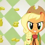  apple applejack_(mlp) blonde_hair braided_hair clothing coin colorful_background equine female friendship_is_magic fruit grand_galloping_gala green_eyes grin hair hasbro hat horse invalid_background ipad_wallpaper money my_little_pony smile wallpaper 