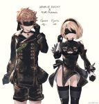  1boy 1girl bangs black_blindfold black_choker black_dress black_gloves black_hairband black_jacket black_legwear black_shorts blindfold blonde_hair breasts brown_hair character_name choker cleavage cleavage_cutout closed_mouth collarbone copyright_name cosplay djeeta_(granblue_fantasy) dress eyebrows_visible_through_hair facing_viewer gloves gran_(granblue_fantasy) granblue_fantasy groin hair_between_eyes hairband hand_up highres jacket juliet_sleeves leotard leotard_under_clothes long_sleeves medium_breasts milli_little mismatched_gloves nier_(series) nier_automata parted_lips puffy_sleeves short_shorts shorts standing thighhighs twitter_username white_gloves white_leotard yorha_no._2_type_b yorha_no._2_type_b_(cosplay) yorha_no._9_type_s yorha_no._9_type_s_(cosplay) 