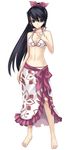  absurdres alternate_costume aqua_eyes ar_tonelico ar_tonelico_i barefoot bikini black_hair bow breasts cleavage cross_edge feet front-tie_top full_body hair_bow hands highres hirano_katsuyuki long_hair medium_breasts misha_arsellec_lune navel official_art print_sarong sarong simple_background smile solo standing swimsuit white_sarong 