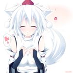  animal_ears bare_shoulders blush breasts bridal_gauntlets closed_eyes detached_sleeves ear_wiggle ginzake_(mizuumi) hat heart incoming_kiss inubashiri_momiji large_breasts short_hair silver_hair solo spoken_heart tail tail_wagging tokin_hat touhou upper_body white_hair wolf_ears wolf_tail 