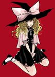  :p alternate_costume between_legs black_dress blonde_hair bow capelet cross dress hand_between_legs hat hat_bow jewelry kirisame_marisa large_bow long_hair necklace pearl_necklace petticoat simple_background sitting socks solo tongue tongue_out touhou wariza wavy_hair white_legwear witch_hat yellow_eyes 