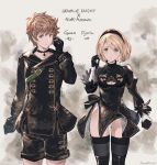  1boy 1girl bangs black_choker black_dress black_gloves black_hairband black_jacket black_legwear black_shorts blonde_hair breasts brown_eyes brown_hair character_name choker cleavage cleavage_cutout closed_mouth collarbone commentary_request copyright_name cosplay djeeta_(granblue_fantasy) dress eyebrows_visible_through_hair gloves gran_(granblue_fantasy) granblue_fantasy groin hair_between_eyes hairband hand_up highleg highleg_leotard highres jacket juliet_sleeves leotard leotard_under_clothes long_sleeves looking_at_viewer medium_breasts milli_little mismatched_gloves nier_(series) nier_automata parted_lips puffy_sleeves short_shorts shorts standing thighhighs twitter_username white_gloves white_leotard yorha_no._2_type_b yorha_no._2_type_b_(cosplay) yorha_no._9_type_s yorha_no._9_type_s_(cosplay) 