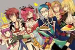  4boys asbel_lhant blonde_hair blue_eyes blue_hair blue_shirt brown_hair cheria_barnes food glasses gloves grey_background heterochromia hubert_ozwell long_hair malik_caesars multicolored_hair multiple_boys multiple_girls pascal purple_eyes purple_hair red_hair richard_(tales) scarf shirt smile sophie_(tales) sudachips tales_of_(series) tales_of_graces twintails yellow_eyes 