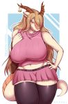  absolute_territory anthro big_breasts breasts clothed clothing curvaceous dragon female hair harnny horn huge_breasts legwear miniskirt skirt slightly_chubby solo standing thick_thighs thigh_highs 
