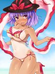  bikini bow breasts cameltoe dark_skin ginji74 hat hat_bow high_heels large_breasts nagae_iku navel purple_hair red_eyes sandals shawl shoes short_hair side-tie_bikini solo swimsuit tan tanline tears touhou 