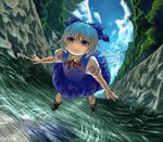  bad_id bad_pixiv_id blue_eyes blue_hair bow cirno cloud day dress dress_shirt face flying forest hair_bow ice lolicept nature puffy_sleeves ribbon river scenery shirt short_hair sky socks solo touhou water wings 