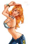  bikini bracelet breasts brown_eyes cleavage ear_rings earrings jeans large_breasts nami one_piece orange_hair tattoo 