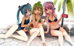  :d ;o ahoge arm_support banana_(kuromaru9) banana_hair_ornament bangs barefoot beach_umbrella beads bikini black_bikini blue_eyes blue_hair blue_swimsuit blush bracelet breasts can cleavage coca-cola competition_school_swimsuit crossover drink feet food_themed_hair_ornament game_over green_bikini green_eyes green_hair hair_between_eyes hair_ornament handheld_game_console hatsune_miku headphones highres holding jewelry kuromaru9 leaning legs long_hair looking_down multiple_girls navel necklace nitroplus one-piece_swimsuit one_eye_closed open_mouth original outdoors palm_tree pearl_necklace personification pink_hair playing_games playstation_portable pool raised_eyebrows red_eyes shade sitting skull small_breasts smile soda soles striped striped_bikini striped_swimsuit super_sonico sweat swimsuit toe_scrunch tree twintails umbrella very_long_hair vocaloid wince yokozuwari 