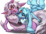  blue blue_body blue_fur blue_hair blush canine chest_tuft couple eye_contact fur gou hair hi_res looking_at_each_other lying mammal multiple_tails on_top orange_eyes plain_background purple purple_body purple_fur purple_hair red_eyes tail tuft white_background 