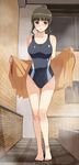  barefoot black_swimsuit blush body_blush breasts brown_eyes brown_hair competition_swimsuit hanasaku_iroha imo_works medium_breasts one-piece_swimsuit open_towel orange_towel oshimizu_nako ponytail print_swimsuit solo swimsuit towel 