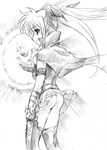  ass bardiche byeontae_jagga cape fate_testarossa greyscale long_hair lyrical_nanoha mahou_shoujo_lyrical_nanoha mahou_shoujo_lyrical_nanoha_the_movie_1st monochrome sketch solo thighhighs twintails 