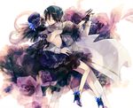  1girl bare_back bare_shoulders black_hair bug butterfly celty_sturluson closed_eyes couple dancing dress dullahan durarara!! flower gaha glasses hat headless hetero holding_hands hug insect kishitani_shinra ribbon rose scarf smile smoke 