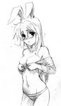  animal_ears blush breasts bunny_ears byeontae_jagga greyscale medium_breasts monochrome navel no_bra no_pants off_shoulder open_clothes open_shirt panties reisen_udongein_inaba shirt sketch solo striped striped_panties touhou underwear 