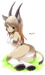  breasts brown_hair caprine female goat grass hair hooves horn long_brown_hair long_hair looking_at_viewer lying mammal nude plain_background solo white_background 