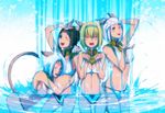  animal_ears blonde_hair final_fantasy final_fantasy_xi green_hair highres mithra multiple_girls one_eye_closed open_mouth smile tail takatsuki_kahiro water wet 