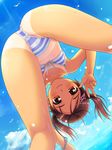  ass bent_over bikini bird blush bracelet brown_eyes brown_hair child day flat_chest from_below front-tie_top hair_ornament hairclip jewelry jpeg_artifacts kneepits kurayama_aya looking_at_viewer meishoujo non-web_source nonohara_miki outdoors seagull solo string_bikini striped striped_bikini swimsuit tan tanline twintails upside-down v water wristband 