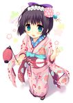  bangs black_hair blunt_bangs blush bow floral_print from_above geta green_eyes hair_ornament ikoku_meiro_no_croisee japanese_clothes kimono kinoko lantern obi open_mouth sandals sash short_hair solo yune_(ikoku_meiro_no_croisee) 