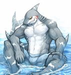  anthro barazoku biceps big_muscles black_sclera buff bulge clothing fin fish gills grey_skin grin jaws looking_at_viewer male marine muscles noku13456 pecs robbw shark sharp_teeth shorts sitting smile solo spread_legs spreading swimsuit teeth toned topless water white_skin yellow_eyes 