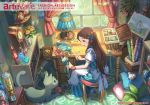  1girl apron artist_name basket blue_dress book bookshelf bow bracelet braid brown_hair buttons carpet cat chair clock copyright_name dated desk dress easel flower french_braid green_eyes hair_bow holding infoors jar jewelry lamp long_hair looking_down looking_to_the_side open_mouth original painting_(object) pippi_(pixiv_1922055) sitting smile solo striped striped_dress stuffed_animal stuffed_bird stuffed_cat stuffed_mouse stuffed_toy vial window wooden_floor yarn yarn_ball 