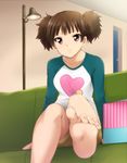  barefoot blush brown_eyes brown_hair casual feet foreshortening heart k-on! kaiga pov_feet raglan_sleeves short_hair short_twintails shorts sitting smile soles solo suzuki_jun toes twintails wiggling_toes 