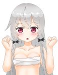  1girl bandage bandages bandages_around_chest blush bow breasts eyebrows_visible_through_hair hair_bow long_hair looking_at_viewer medium_breasts naked_bandage nude open_mouth poa_mellhen red_eyes silver_hair simple_background solo sophie_twilight tied_hair tonari_no_kyuuketsuki-san twintails upper_body white_background 