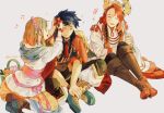  1boy 2girls basket bead_necklace beads blue_hair boots brother_and_sister brown_hair cape closed_mouth eyes_closed fire_emblem fire_emblem:_souen_no_kiseki fire_emblem_heroes flower from_side grey_background hair_flower hair_ornament head_wreath high_heel_boots high_heels ho_kiho holding holding_staff ike jewelry legs_crossed long_hair long_sleeves mist_(fire_emblem) multiple_girls musical_note necklace nintendo open_mouth pink_ribbon red_hair ribbon short_hair short_sleeves siblings simple_background sitting staff tiamat_(fire_emblem) twitter_username 