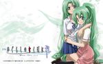  2_girls 2girls blue_eyes breast breasts grab grabbing green_hair higurashi_no_naku_koro_ni long_hair multiple_girls siblings sisters sonozaki_mion sonozaki_shion twins wallpaper 