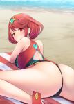  1girl amekosame ass back_cutout bangs bare_legs bare_shoulders beach beach_towel blush breasts cameltoe closed_mouth commentary_request competition_swimsuit day earrings eyebrows_visible_through_hair feet_out_of_frame forest from_behind gem homura_(xenoblade_2) jewelry large_breasts leotard looking_at_viewer looking_back lying nature nintendo ocean on_stomach one-piece_swimsuit orange_eyes outdoors red_hair red_swimsuit sand short_hair solo spread_legs swept_bangs swimsuit tareme thong_leotard tiara towel water xenoblade_(series) xenoblade_2 