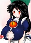  alternate_costume black_hair breasts cleavage cum cum_on_body cum_on_breasts cum_on_upper_body hair_ornament han64 han_(jackpot) highres huge_breasts long_hair maid red_eyes reiuji_utsuho third_eye touhou 