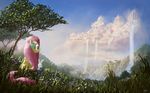  2011 angel_(mlp) beautiful_surrounding blue_eyes cloud cloudsdale cute equine female feral flower fluttershy_(mlp) friendship_is_magic grass hair hasbro horse lagomorph mammal mist moe my_little_pony nature pegasus pink_hair pony rabbit sitting tree wallpaper water waterfall widescreen wings wood yellow_body 