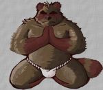  2010 anthro belly black_nose canid canine clothing doran_(pixiv_artist) eyes_closed fundoshi humanoid_hands japanese_clothing male mammal moobs navel overweight overweight_male raccoon_dog simple_background solo tanuki underwear 