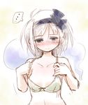  1girl bare_shoulders black_hairband blush bra collarbone flat_chest green_eyes hairband konpaku_youmu konpaku_youmu_(ghost) lingerie nanaroku_(fortress76) short_hair silver_hair simple_background sketch solo touhou underwear underwear_only upper_body 