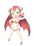  1girl :d bangs bare_arms bare_shoulders bikini black_bikini blush brown_footwear commentary_request curled_horns demon_girl demon_horns demon_wings endro! eyebrows_visible_through_hair fang frilled_bikini frills full_body green_eyes groin hand_on_hip hand_up horns long_hair looking_at_viewer mao_(endro!) navel open_mouth peko pointy_ears red_hair red_scrunchie red_wings sandals scrunchie side-tie_bikini simple_background smile solo standing swimsuit v_over_eye very_long_hair white_background wings wrist_scrunchie 