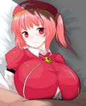  bed blush breasts han64 han_(jackpot) hat huge_breasts kawashiro_mitori lock paizuri paizuri_under_clothes penis pink_hair red_eyes tears touhou uncensored underboob 