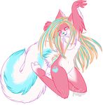  blonde_hair blue blue_eyes breasts canine chest_tuft colourful dancing female fluffy fluffy_tail fox hair love_heart nude panfe pink rainbow rodent smile squirrel tail tattoo technicolor 