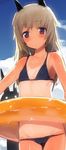  animal_ears bikini blonde_hair blue_eyes blush cat_ears day flat_chest helma_lennartz innertube long_hair lowleg lowleg_bikini outdoors shimada_fumikane silhouette_demon sketch solo swimsuit tan tanline wet world_witches_series 