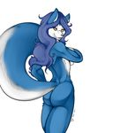  anthro biceps big_breasts blue blue_fur blue_hair breasts butt canine female fur hair hopey long_hair looking_at_viewer mammal muscles muscular_female nightfaux nude pose side_boob solo standing tail wolf wolfess 