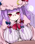  :&lt; breasts cleavage cum cum_on_body cum_on_breasts cum_on_clothes cum_on_upper_body glasses han64 han_(jackpot) hat huge_breasts paizuri paizuri_under_clothes patchouli_knowledge penis penis_under_clothes perpendicular_paizuri purple_hair red_eyes touhou 