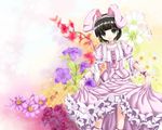  animal_ears black_hair bunny_ears dress dress_lift fake_animal_ears fatkewell flower green_eyes hairband highres ikoku_meiro_no_croisee lolita_hairband short_hair solo straight_hair wrist_cuffs yune_(ikoku_meiro_no_croisee) 