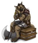  armor axe barbarian blackteagan box gnoll hand hyena male mammal plain_background runed_weapon solo unconvincing_armor warrior weapon white_background 
