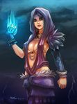  bikini_top blue_eyes bracelet breasts cleavage clenched_hand covered_nipples dragon_age:_origins fingerless_gloves gloves jewelry long_hair medium_breasts morrigan necklace skuldk1 solo 
