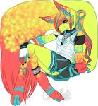  anklet blue bracelet cake canine color colors colourful cuffs female fennec fluffy_tail fox jewelry large_tail necklace panfe piercing punk purple_eyes red ring scene sitting skirt smile solo spots tail tropical vest yang yellow yin yin_and_yang 