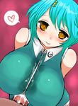  blush breasts censored cum cum_on_body cum_on_breasts cum_on_clothes cum_on_upper_body green_hair hair_ornament han64 han_(jackpot) huge_breasts paizuri paizuri_under_clothes penis penis_under_clothes perpendicular_paizuri short_hair smile 