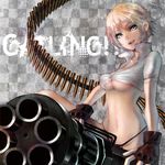  :q akubi_(fyfy) ammunition_belt bad_id bad_pixiv_id blonde_hair breasts checkered checkered_background english fingerless_gloves gatling_gun gloves gun licking machine_gun medium_breasts navel original panties shirt short_hair silver_eyes solo thong tied_shirt tongue tongue_out underboob underwear weapon 